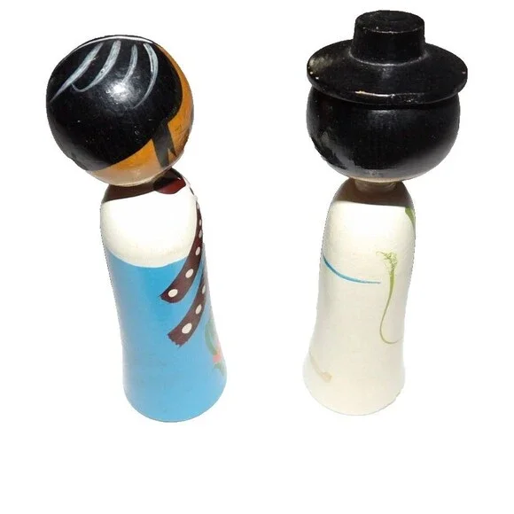 Korean Wooden Kokeshi Dolls Wedding Bride Groom Bobble Head Vintage Blue White - Picture 2 of 8